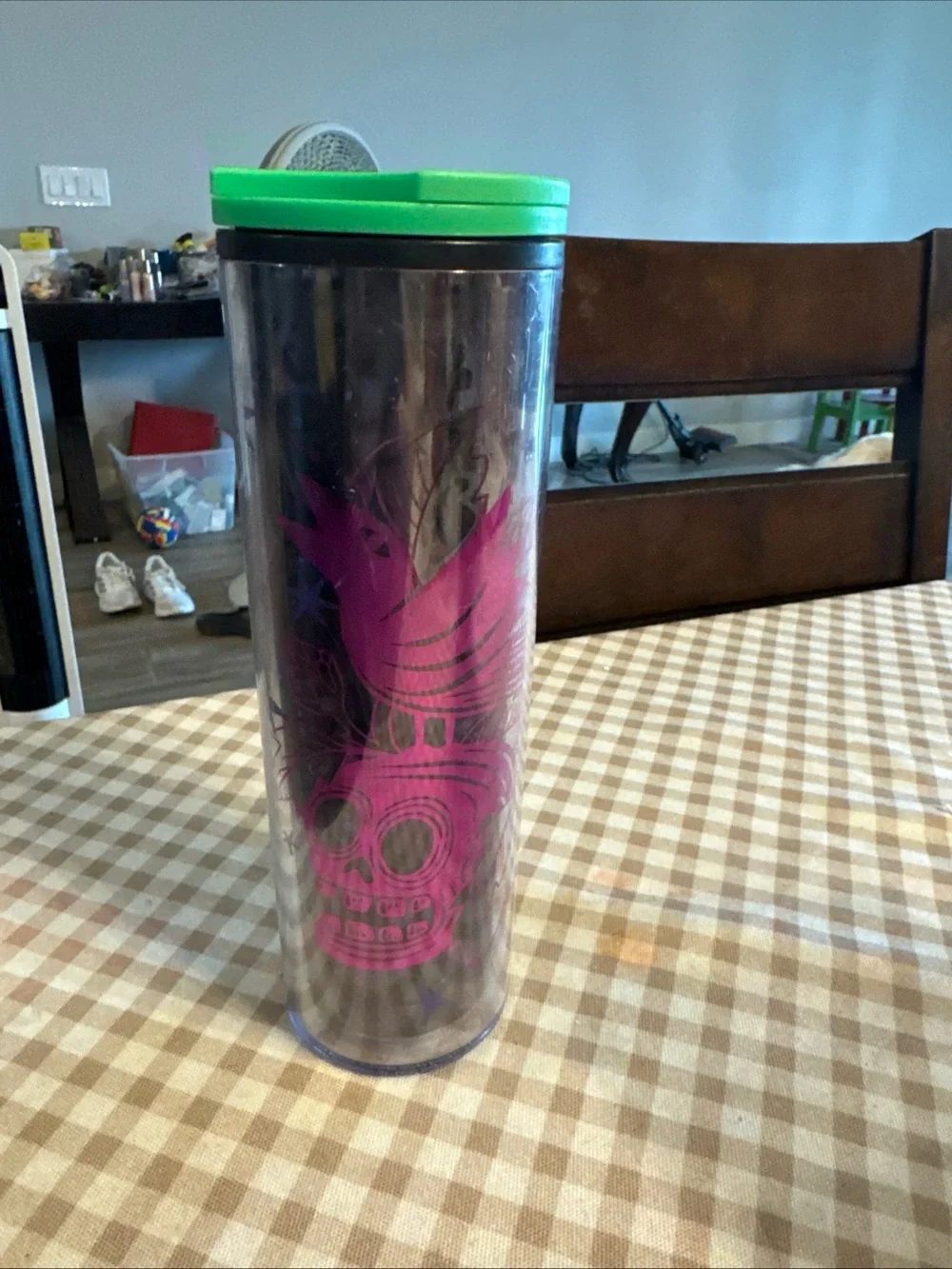 Clear Travel Tumbler with Pink Skull Graphic and Green Lid